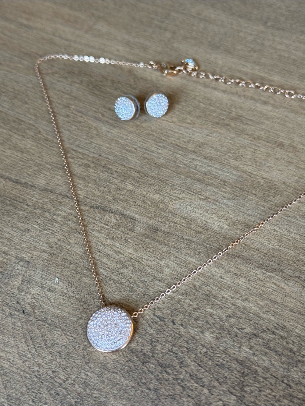 Hillberg & Berk Rose Gold Pave Disc Necklace and Stud Earrings Set